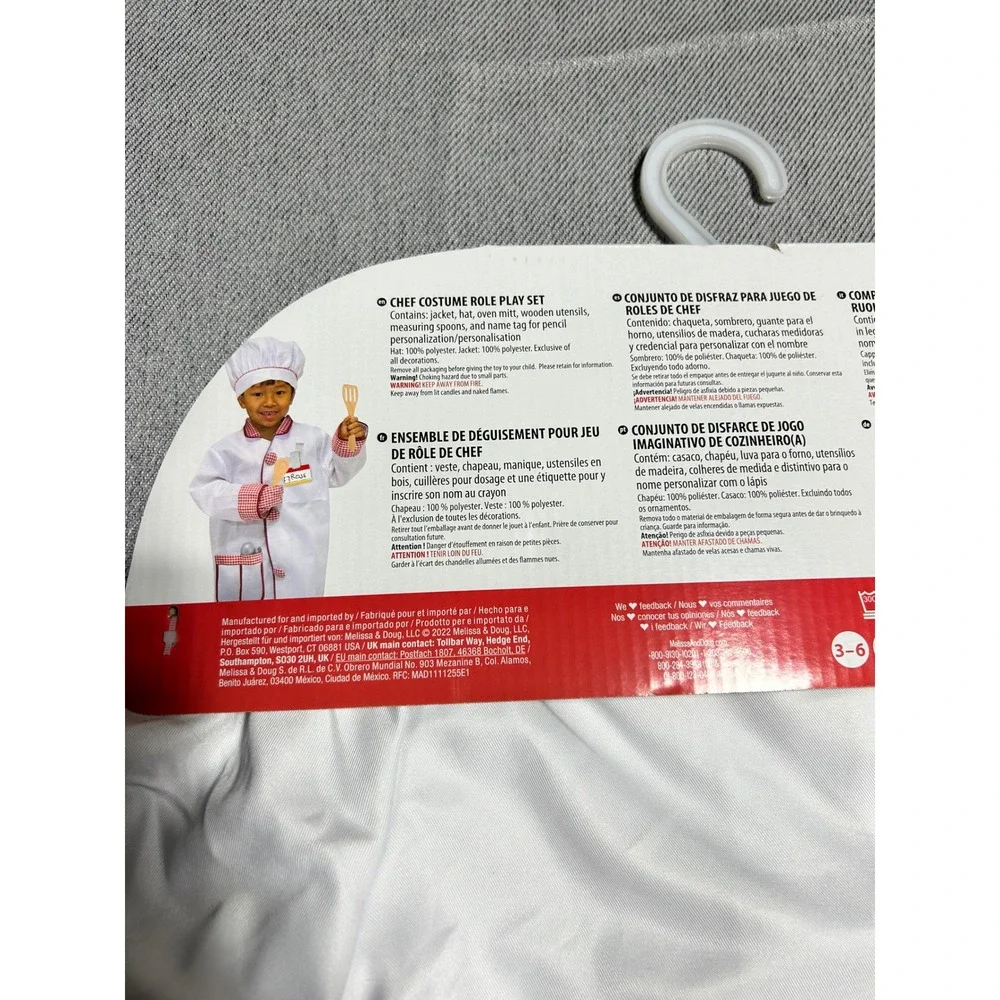 Melissa &‎ Doug Chef Costume Kids Size 3-6 White Red Gingham Role Play Set